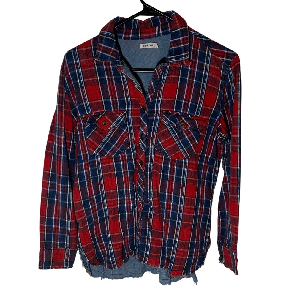 Sneak Peek Red and Blue Plaid Button Up Shirt Distressed Frayed Hems Women's M